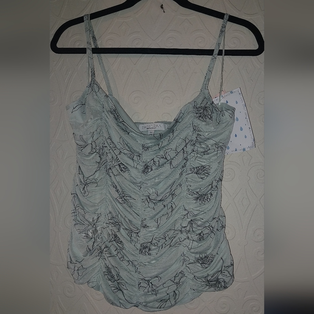 Sweet Rain Floral Ruche Spaghetti Strap Top